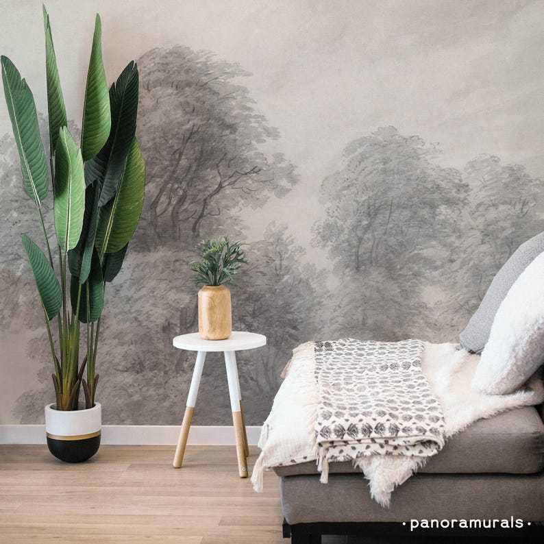 Forest Silhouette Moody Wallpaper Designs, Sketched Trees Aesthetic Nursery Wall Mural 08 image 1