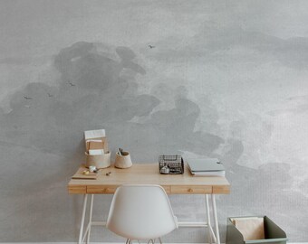 Gray Cloud Wallpaper, Moody Atmosphere, Nature-Themed Design Sky Mural, Peel And Stick Nursery Painting 79
