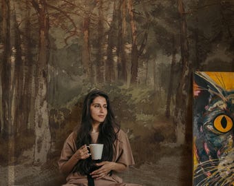Peaceful forest peel and stick wallpaper, Watercolor forest mural, Artistic nature painting 68