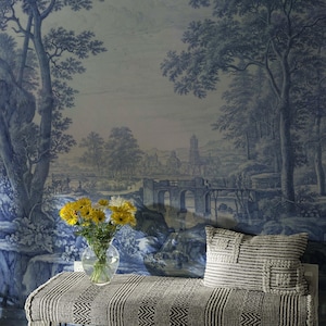 French country decor, Blue scenic wallpaper, Victorian wall art, Temporary wall decoration, Easy to apply material 130