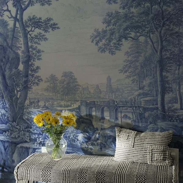 French country decor, Blue scenic wallpaper, Victorian wall art, Temporary wall decoration, Easy to apply material 130