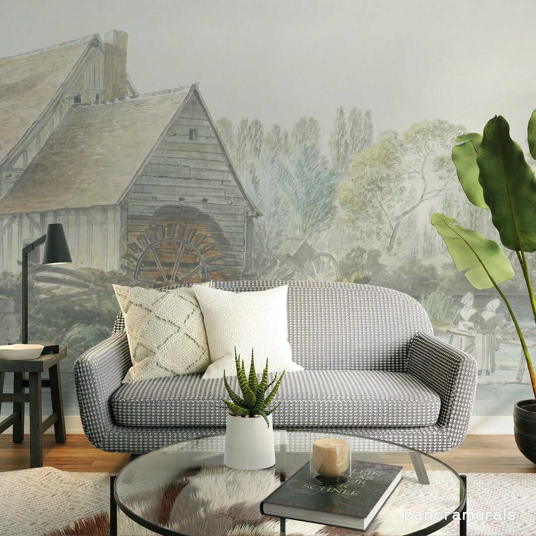 Watermill Traditional Wallpaper, Pastoral Scene Home Decor, Rustic ...