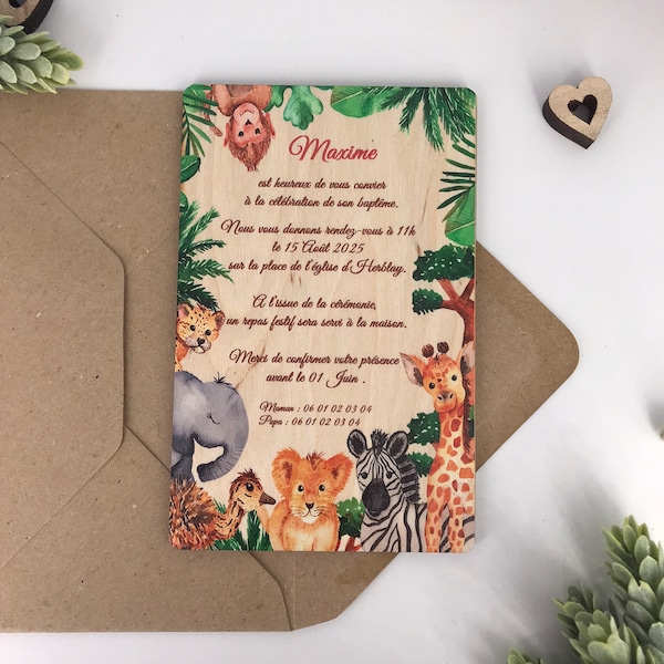 Faire part en bois - Les animaux de la jungle - Invitation en bois pour baptême - faire part de naissance en bois