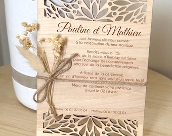 Wooden cut-out invitation card - floral decoration for wedding, birthday, christening or other occasion