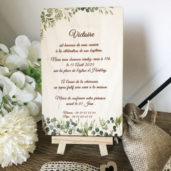 Faire part en bois – Invitation en bois pour mariage ou baptême - Faire part thème nature