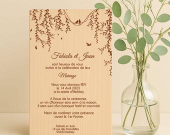 Wooden wedding or baptism invitation - Les inséparables