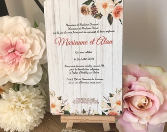 Faire part en bois – Floral et plume - Faire part de mariage champetre - Invitation pour mariage en bois