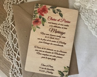 Faire part en bois - Rose aquarelle - Invitation en bois pour mariage ou baptême -