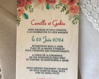 Faire part en bois - Belle ambiance florale - Invitation en bois pour mariage ou baptême -