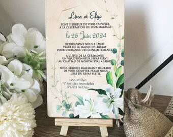 Faire part en bois - Invitation en bois pour mariage - Faire part mariage avec lys blanc - Invitation mariage thème nature