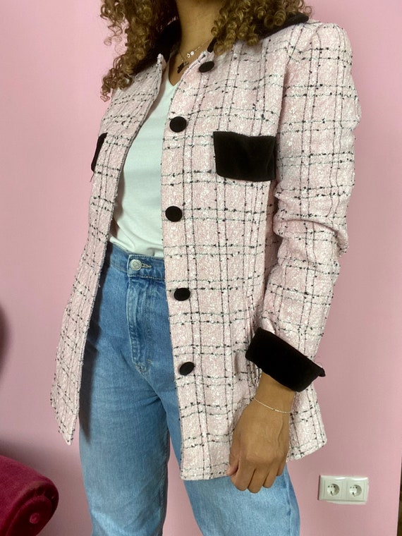 Vintage Chanel Inspired Blazer Chic Jacket With Checkered 