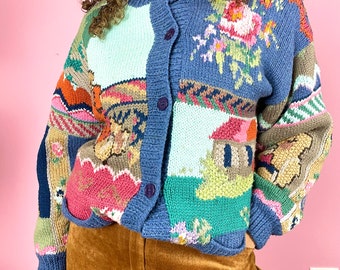 Vintage wollen vest met beren | hand knitted cardigen | bloemen boerderij | plus size maat XL-XXL