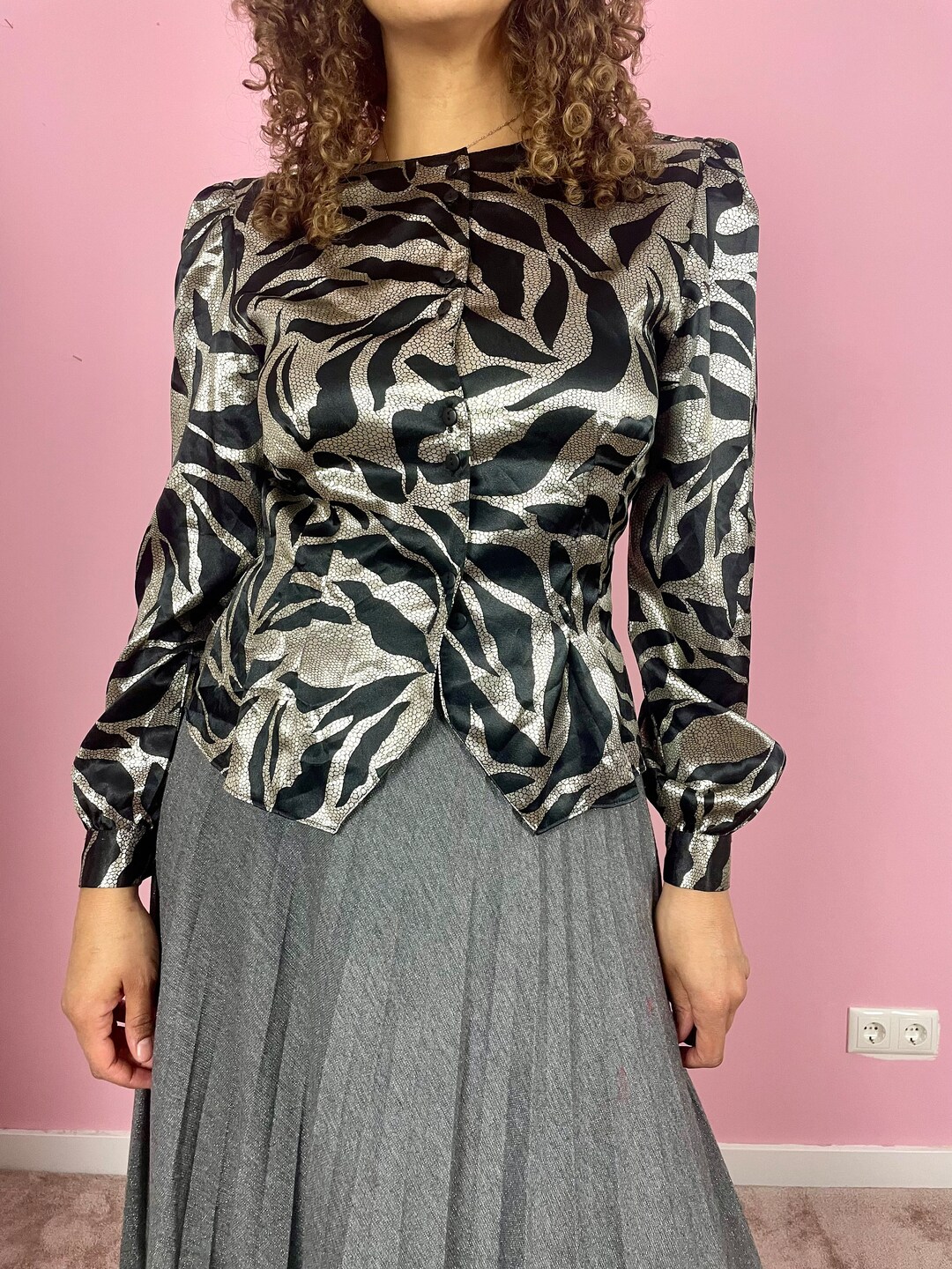 Vintage 80s Lurex Blouse Silver Black 8 10