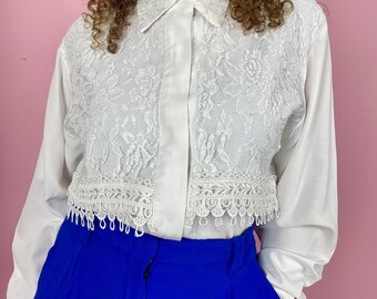 Klassieke vintage witte blouse met kant | soepel elegant chique | maat L-XL