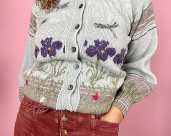 Cardigan en laine vintage avec fleurs brodées à la main | violons | bleu vert violet rouge | taille S/M