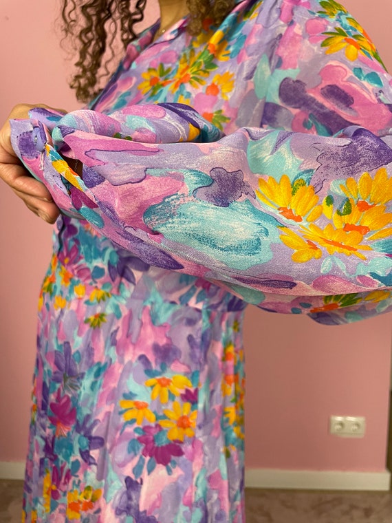 Vintage floral midi dress | lilac purple orange y… - image 4
