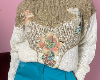 Vintage beaded sweater | floral embroidered print | chunky sweater | size M/L
