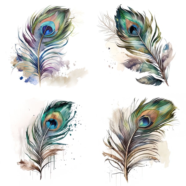 Peacock Feather Set of 4 Download, Watercolor Feather Art, Digital Art, Print Ready Bird Art, Bird Lovers, Peacock Art, Peacock Lover