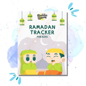 May include: A printable Ramadan tracker for kids featuring two cartoon children praying with a crescent moon and stars in the background. The text reads "Ramadan Kareem" and "Ramadan Tracker for Kids".