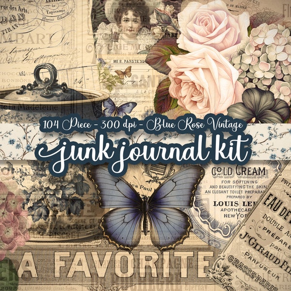 Blue Rose Junk Journal Kit, Folios, Vintage Shabby Chic Ephemera, Journal Cards, Fussy Cuts, Digital Pages,  Mini Envelopes, Commercial Use