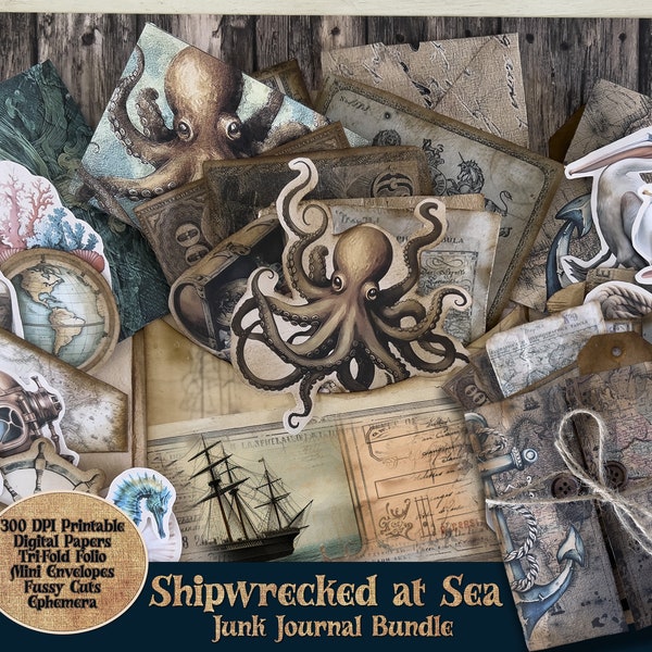 Shipwrecked Junk Journal Vintage Nautical Ephemera Kit, Fussy Cuts, Digital Paper, Mini Envelopes Tri-Fold Folio and pockets, Commercial Use
