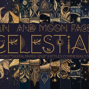 Celestial Sun and Moon Faces Digital Paper, navy watercolor textures and gold Painterly Designs - instant download printable scrapbook paper