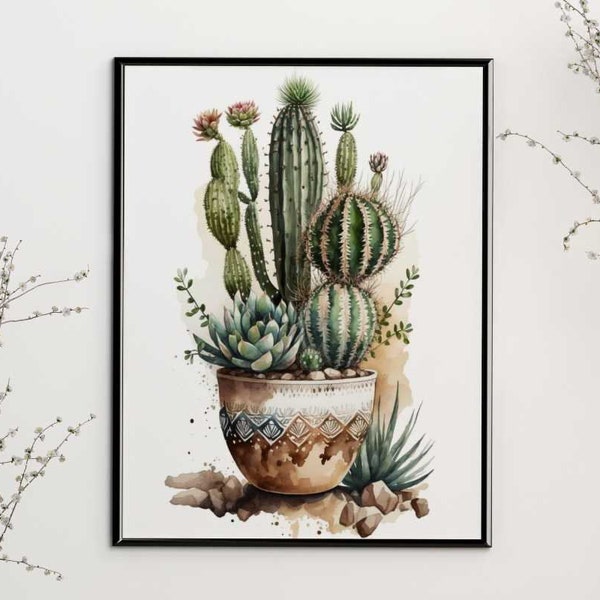 Watercolor Cactus Print, Botanical Print, Cactus Wall Art, Printable Wall Decor, Greenery, Home Decor, Plant Print