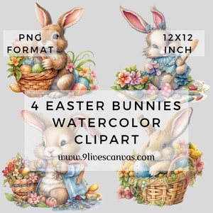 May include: Four watercolour illustrations of Easter bunnies. Each bunny is holding an Easter egg or basket of eggs. The bunnies are surrounded by flowers and other Easter decorations. The text "4 Easter Bunnies Watercolor Clipart" and "www.9livescanvas.com" is included in the image.