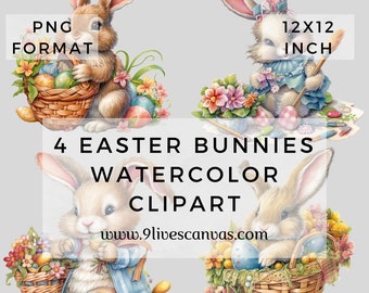 4 Easter Bunny Clipart PNG Images, Scrapbooking, Junk Journaling, Easter Images, Instant Download Watercolor Easter Bunnies PNG Images