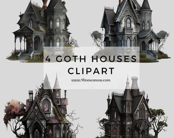 4 Goth Houses Clipart, Fantasy Clipart, Gothic House Bundle PNG, Pack of 4 Digital Gothic House PNG, Instant Download, 8 Inch Clipart