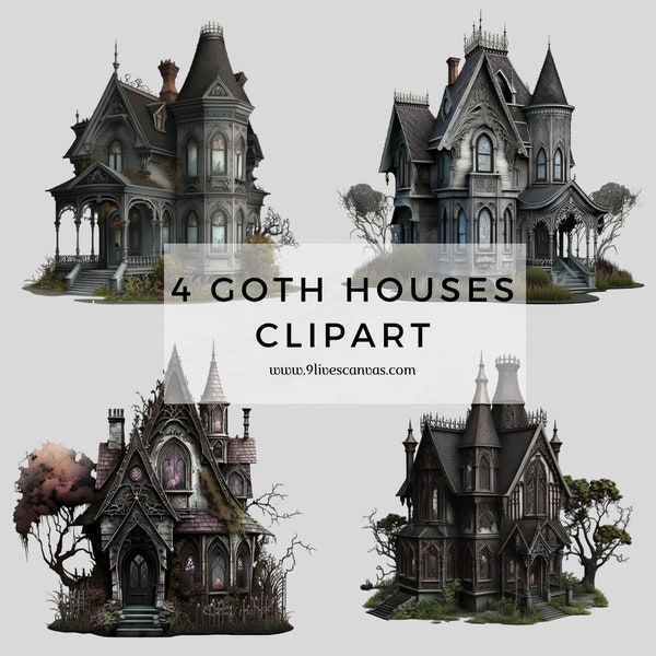 4 Goth Houses Clipart, Fantasy Clipart, Gothic House Bundle PNG, Pack of 4 Digital Gothic House PNG, Instant Download, 8 Inch Clipart