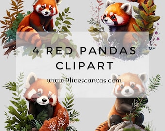 4 Red Pandas Clipart, Red Panda Clipart, Red Panda Bundle PNG, Pack of 4 Digital Red Panda PNGs, Instant Download, 12 Inch Clipart