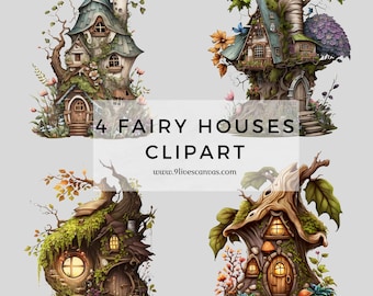 4 Fairy Houses Clipart, Fantasy Clipart, Fairy House Bundle PNG, Pack of 4 Digital Fairy House PNGs, 12 Inch Clipart