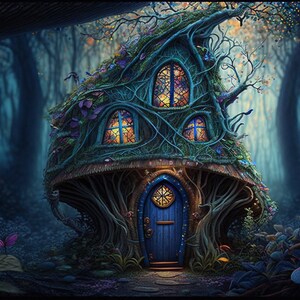 May include: A whimsical, blue-door cottage nestled in a dark, enchanted forest. The cottage is built into a large mushroom with vines and leaves growing over it. The windows are stained glass and glow with warm light. A blue butterfly flies in the background.