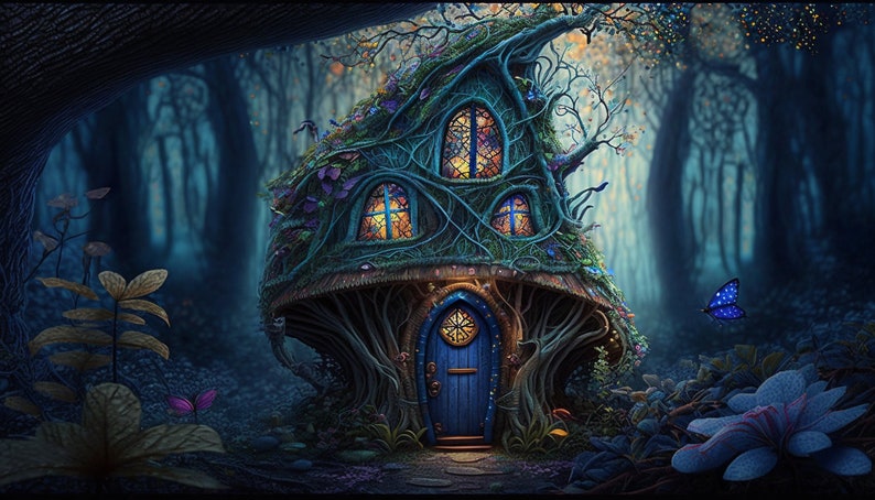 May include: A whimsical, blue-door cottage nestled in a dark, enchanted forest. The cottage is built into a large mushroom with vines and leaves growing over it. The windows are stained glass and glow with warm light. A blue butterfly flies in the background.
