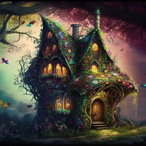 May include: A whimsical, green, and overgrown cottage with a wooden door and a stone path leading to it. The cottage is surrounded by lush greenery and butterflies.