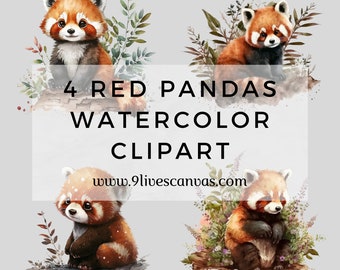 4 Watercolor Red Pandas Clipart, Red Panda Clipart, Red Panda Bundle PNG, Pack of 4 Digital Red Panda PNGs, Instant Download 12 Inch Clipart