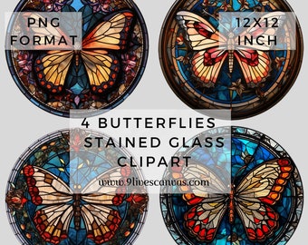 4 Stained Glass Butterflies Clipart, Butterfly Bundle PNG, Colorful Butterflies, Colorful Clipart PNG Bundle, Butterfly Clipart Junk Journal