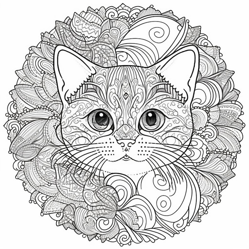以下が含まれることがあります： 複雑な花の模様に囲まれた猫の顔の白黒の線画。猫は大きな目をしていて、優しい表情をしています。