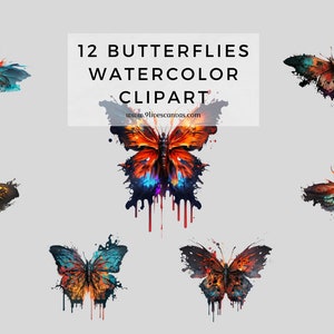 12 Watercolor Butterflies Clipart, Watercolor Clipart, Butterfly Bundle PNG, Fiery Butterflies, Fiery Clipart PNG