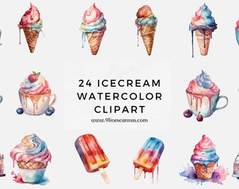 Imágenes Prediseñadas de helado de acuarela, paquete de imágenes prediseñadas de 24 imágenes, camión de helado Clip Art PNG gráficos descarga instantánea para uso comercial