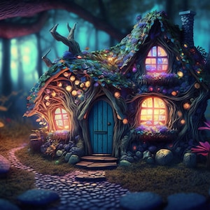 May include: A whimsical, moss-covered cottage with glowing windows sits nestled in a dark forest. The cottage is made of branches and vines, and has a blue door. The path leading to the cottage is made of colorful stones.