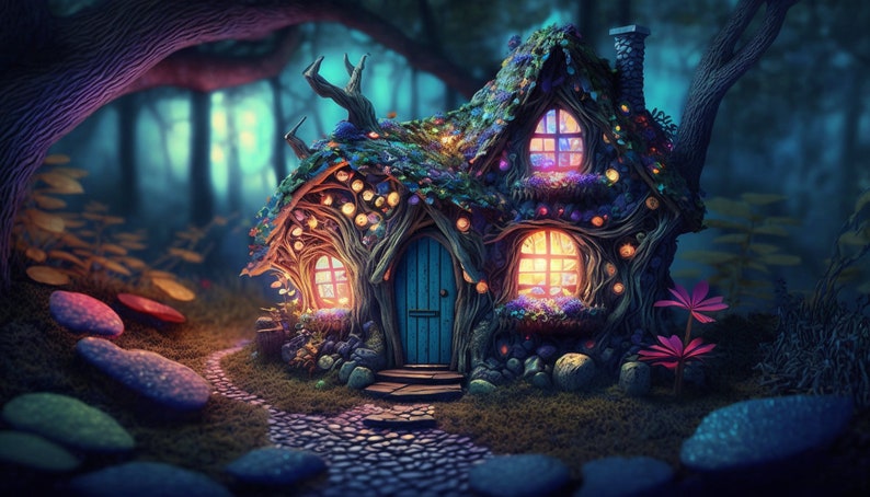May include: A whimsical, moss-covered cottage with glowing windows sits nestled in a dark forest. The cottage is made of branches and vines, and has a blue door. The path leading to the cottage is made of colorful stones.