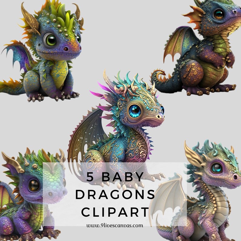May include: Five adorable baby dragon clipart images. Each dragon features a unique color palette, including shades of blue, green, purple, and gold. The dragons have large, expressive eyes and detailed wings. The text "5 BABY DRAGONS CLIPART" is displayed.