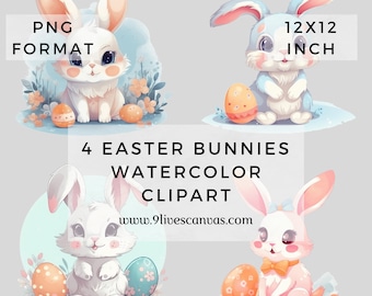 4 Easter Bunny Clipart PNG Images, Scrapbooking, Junk Journaling, Easter Images, Instant Download Watercolor Easter Bunnies PNG Images