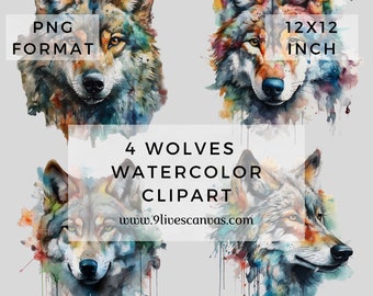 4 Watercolor Wolves Clipart PNG Images, Scrapbooking, Junk Journaling, Wolf Images, Instant Download Watercolor Wolves PNG Images