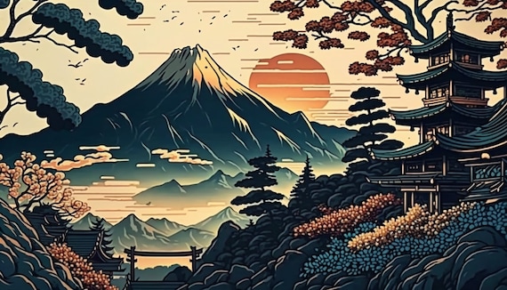 japanese landscape ink wallpaper Stock Illustration  Adobe Stock