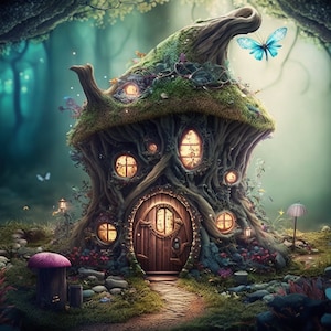 May include: A whimsical treehouse with a mossy roof and glowing windows, nestled in a dark forest with a path leading to the front door.  The house has a whimsical, fairytale feel.