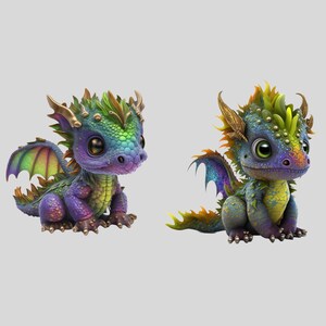 May include: Two adorable, cartoon-style dragons with large eyes and colorful scales. The dragons feature a mix of blue, green, purple, and yellow hues. One dragon has its wings spread, while the other is sitting upright. Both have golden horns and spiky details.