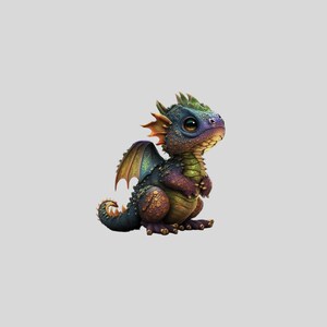 May include: A detailed illustration of a baby dragon with large, expressive eyes. The dragon features a mix of colors, including blue, green, purple, and orange, with textured scales and detailed wings. The dragon is sitting upright.